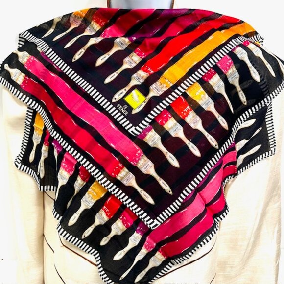 New Set of 2 Fendi MiniScarf/Handker Cotton 18" Paint Brush Colors (28) - Picture 4 of 8